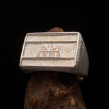 Perfectly crafted Men's rectangle Flag Ring Cambodia - Two-Tone Matte Sterling Silver - BikeRing4u