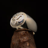 Nicely crafted domed Men's Buddhist Ring Aum Symbol - Two-Tone Matte Sterling Silver - BikeRing4u