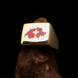 Excellent crafted Men's Swiss Flag Ring Switzerland - Solid Brass - BikeRing4u