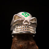 Excellent Crafted Men's Outlaw green 1% er Gnome Skull Ring - Sterling Silver - BikeRing4u