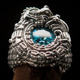 Excellent crafted Sterling Silver Men's Ring Ancient Maya Inca Dragon Blue CZ - BikeRing4u