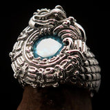 Excellent crafted Sterling Silver Men's Ring Ancient Maya Inca Dragon Blue CZ - BikeRing4u