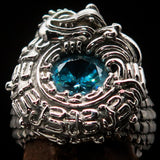Excellent crafted Sterling Silver Men's Ring Ancient Maya Inca Dragon Blue CZ - BikeRing4u