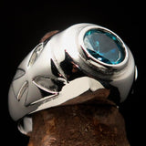 Nicely crafted Men's Solitaire Iron Cross Ring Blue Cubic Zirconia CZ - Sterling Silver - BikeRing4u