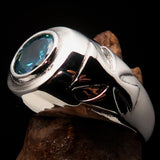Nicely crafted Men's Solitaire Iron Cross Ring Blue Cubic Zirconia CZ - Sterling Silver - BikeRing4u
