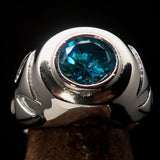 Nicely crafted Men's Solitaire Iron Cross Ring Blue Cubic Zirconia CZ - Sterling Silver - BikeRing4u