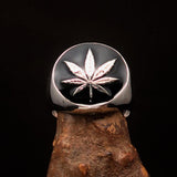 Sterling Silver Men's Ring black Marihuana Cannabis Leaf - BikeRing4u