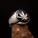 Sterling Silver Men's Ring black Marihuana Cannabis Leaf - BikeRing4u