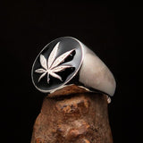 Sterling Silver Men's Ring black Marihuana Cannabis Leaf - BikeRing4u