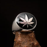 Sterling Silver Men's Ring black Marihuana Cannabis Leaf - BikeRing4u