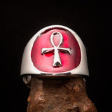 Excellent crafted Men's small red Egyptian Ankh Cross Ring - Sterling Silver - BikeRing4u