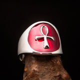 Excellent crafted Men's small red Egyptian Ankh Cross Ring - Sterling Silver - BikeRing4u
