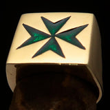 Nicely crafted Men's Knight Ring Maltese Green Cross - Solid Brass - BikeRing4u