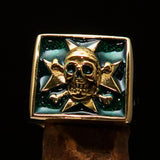 Excellent crafted Men's Pirate Skull Ring green Maltese Cross - Solid Brass - BikeRing4u