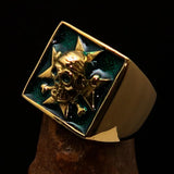 Excellent crafted Men's Pirate Skull Ring green Maltese Cross - Solid Brass - BikeRing4u