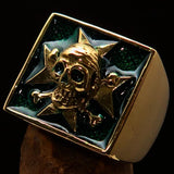 Excellent crafted Men's Pirate Skull Ring green Maltese Cross - Solid Brass - BikeRing4u