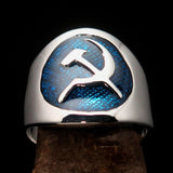 Excellent crafted Men's Hammer and Sickle Crest Ring Blue - Sterling Silver - BikeRing4u