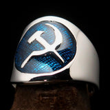 Excellent crafted Men's Hammer and Sickle Crest Ring Blue - Sterling Silver - BikeRing4u