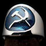Excellent crafted Men's Hammer and Sickle Crest Ring Blue - Sterling Silver - BikeRing4u