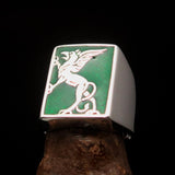 Perfectly crafted Men's Green Griffin Ring Griffon - Sterling Silver - BikeRing4u