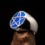 Excellent crafted Men's Pinky Ring dark blue Pentagram - Sterling Silver - BikeRing4u