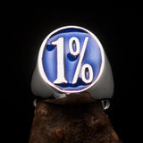 Nicely crafted Men's Outlaw Ring oval 1% Percent Symbol Blue - Sterling Silver - BikeRing4u