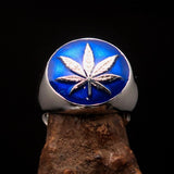 Sterling Silver Men's Ring blue Marihuana Cannabis Leaf - BikeRing4u