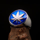 Sterling Silver Men's Ring blue Marihuana Cannabis Leaf - BikeRing4u