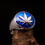 Sterling Silver Men's Ring blue Marihuana Cannabis Leaf - BikeRing4u