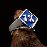 Men's Sterling Silver Biker Ring Diamond shaped 1% Percent Outlaw Symbol Blue - BikeRing4u