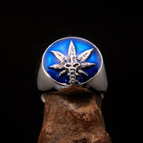Men's Ring Cannabis Leaf Marihuana Medical Weed Symbol Blue - Sterling Silver - BikeRing4u