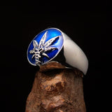 Men's Ring Cannabis Leaf Marihuana Medical Weed Symbol Blue - Sterling Silver - BikeRing4u