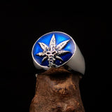 Men's Ring Cannabis Leaf Marihuana Medical Weed Symbol Blue - Sterling Silver - BikeRing4u