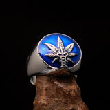 Men's Ring Cannabis Leaf Marihuana Medical Weed Symbol Blue - Sterling Silver - BikeRing4u