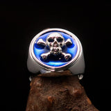 Nicely crafted Men's Pirate Ring Jolly Roger crossed Bones Skull Blue - Sterling Silver - BikeRing4u