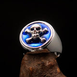 Nicely crafted Men's Pirate Ring Jolly Roger crossed Bones Skull Blue - Sterling Silver - BikeRing4u