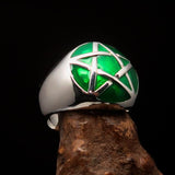 Excellent crafted Men's Pinky Ring domed Green Pentagram - Sterling Silver - BikeRing4u