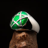Excellent crafted Men's Pinky Ring domed Green Pentagram - Sterling Silver - BikeRing4u