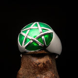 Excellent crafted Men's Pinky Ring domed Green Pentagram - Sterling Silver - BikeRing4u