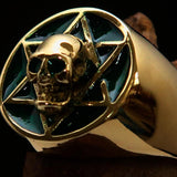 Excellent crafted Men's Biker Ring green Hebrew Skull - Solid Brass - BikeRing4u