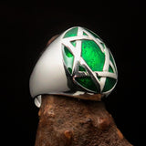 Excellent crafted Men's Hebrew Ring oval green Star of David - Sterling Silver - BikeRing4u