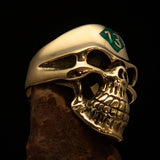 Excellent crafted Men's Biker Skull Ring green Diamond Lucky 13 - Solid Brass - BikeRing4u