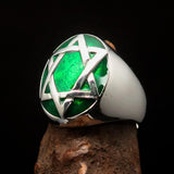 Excellent crafted Men's Hebrew Ring oval green Star of David - Sterling Silver - BikeRing4u