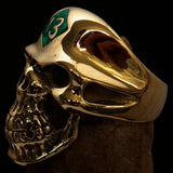 Excellent crafted Men's Biker Skull Ring green Diamond Lucky 13 - Solid Brass - BikeRing4u