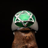 Nicely crafted Men's Hebrew Ring Green Star of David - Sterling Silver - BikeRing4u