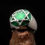 Nicely crafted Men's Hebrew Ring Green Star of David - Sterling Silver - BikeRing4u