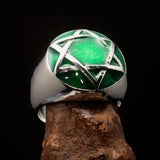 Nicely crafted Men's Hebrew Ring Green Star of David - Sterling Silver - BikeRing4u