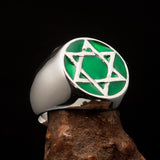 Excellent crafted Men's Pinky Ring Green Star of David - Sterling Silver - BikeRing4u