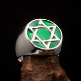 Excellent crafted Men's Pinky Ring Green Star of David - Sterling Silver - BikeRing4u