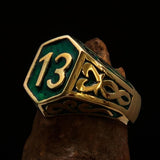 Excellent crafted Men's Biker Ring Green Number 13 - Solid Brass - BikeRing4u